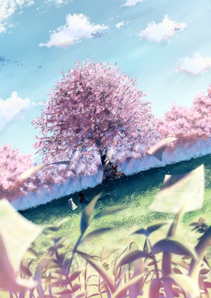 Anime picture 1000x1412 with bungaku shoujo amano tooko inoue konoha yakkun tall image sky cloud (clouds) cherry blossoms landscape girl boy uniform plant (plants) school uniform petals tree (trees) forest paper