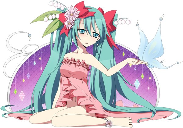 Anime picture 2000x1403 with vocaloid hatsune miku single highres twintails very long hair barefoot aqua eyes aqua hair girl flower (flowers) bow hair bow sundress