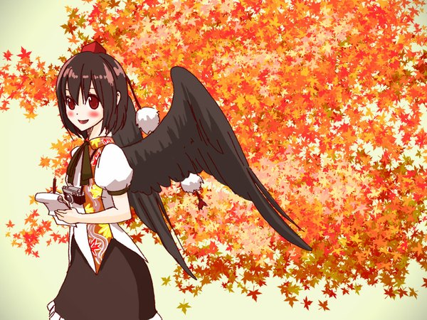 Anime picture 1024x768 with touhou shameimaru aya chiaki (pixiv) blush short hair black hair black wings girl wings leaf (leaves) camera pen notebook