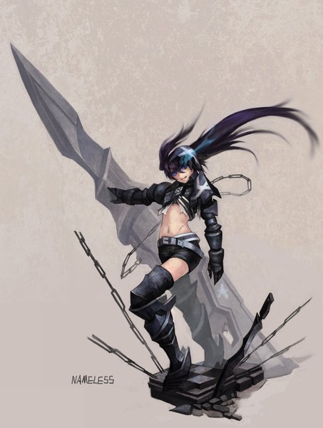 Anime picture 1787x2364 with black rock shooter insane black rock shooter single long hair tall image looking at viewer fringe highres black hair simple background smile standing twintails aqua eyes midriff glowing glowing eye (eyes) girl gloves navel