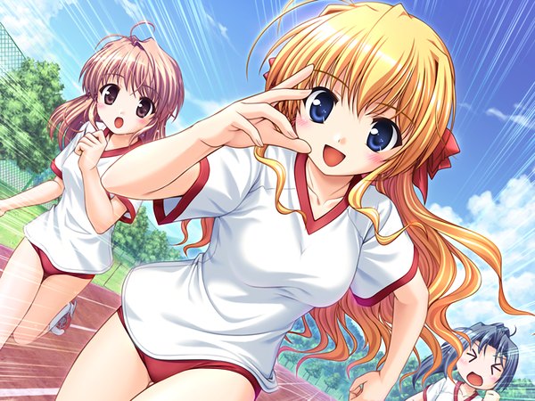 Anime picture 1200x900 with fortune arterial august soft tagme (character) sendou erika yuuki haruna long hair looking at viewer blush fringe short hair open mouth blue eyes blonde hair smile brown hair multiple girls brown eyes blue hair game cg sky
