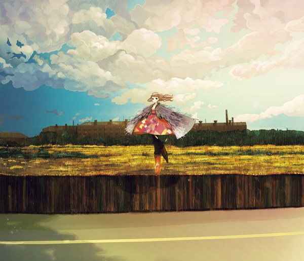 Anime picture 1500x1289 with original felt (lidsan) single long hair fringe brown hair sky cloud (clouds) wind girl dress jacket boots building (buildings) fence wreath road