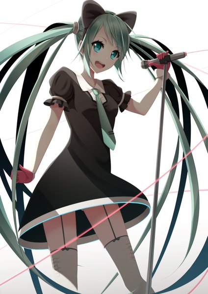 Anime picture 2893x4092 with vocaloid hatsune miku koyaya (sorano) single long hair tall image blush highres open mouth simple background twintails green eyes green hair grey background girl thighhighs dress gloves bow hair bow