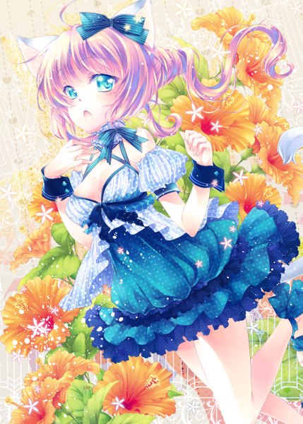 Anime picture 915x1280 with original katakuri tawawa single long hair tall image looking at viewer blush open mouth blue eyes bare shoulders pink hair girl dress flower (flowers) bow hair bow