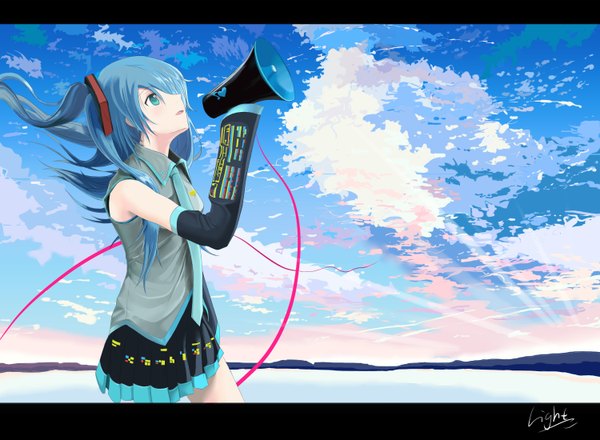 Anime picture 3000x2200 with vocaloid hatsune miku lightofheaven single long hair highres twintails green eyes blue hair sky cloud (clouds) girl skirt detached sleeves miniskirt necktie wire (wires) megaphone