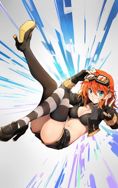 Anime picture 2436x3895 with original amano tora kazenoko single tall image looking at viewer blush fringe highres short hair breasts blue eyes light erotic smile bent knee (knees) red hair high heels victory goggles on head different thighhighs