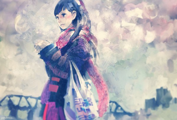 Anime picture 1400x950 with original pomodorosa single long hair blush black hair looking away light smile black eyes exhalation steam casual girl scarf building (buildings) bag coat