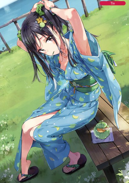 Anime picture 2395x3396 with original melonbooks tiv single long hair tall image looking at viewer blush fringe highres light erotic black hair sitting twintails holding brown eyes signed sky full body outdoors