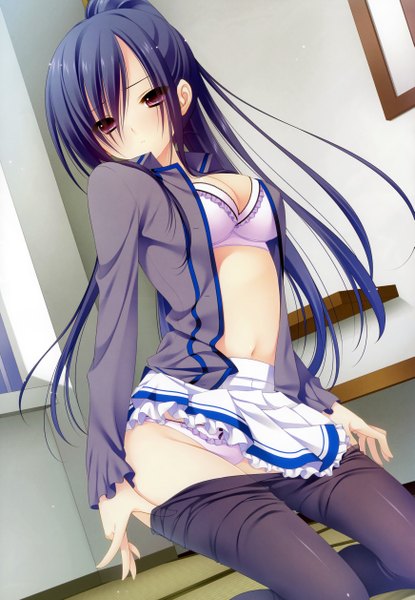 Anime picture 3484x5031 with happy factory aosato sachi izumi yura single long hair tall image highres light erotic black hair purple eyes absurdres ponytail open clothes undressing girl navel underwear panties