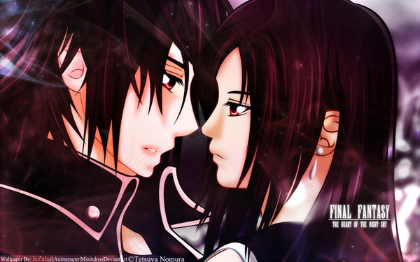Anime picture 1680x1050 with final fantasy final fantasy xiii square enix tifa lockhart noctis lucis caelum jczala single long hair black hair red eyes wide image profile inscription face to face almost kiss girl boy earrings