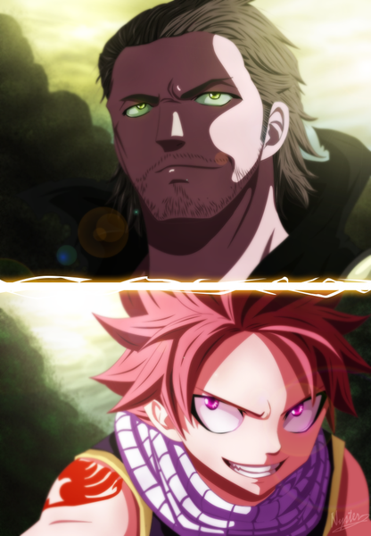 Anime picture 731x1053 with fairy tail natsu dragneel gildarts clive nyster7 tall image short hair smile brown hair green eyes pink hair sky cloud (clouds) pink eyes sunlight tattoo sleeveless grin coloring manga bristle