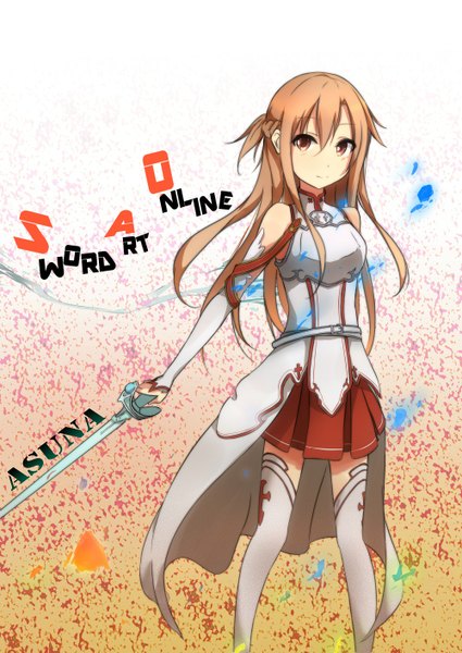 Anime picture 1000x1413 with sword art online a-1 pictures yuuki asuna pachi (sugiyama0306) single long hair tall image looking at viewer brown hair bare shoulders brown eyes girl thighhighs skirt weapon detached sleeves white thighhighs sword