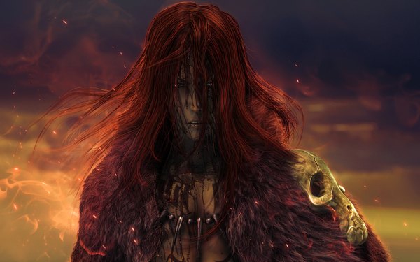 Anime picture 1680x1050 with bleach studio pierrot abarai renji wen-jr long hair wide image sky red hair realistic hair over eyes 3d boy fur blood skull