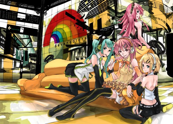 Anime picture 1200x862 with vocaloid hatsune miku megurine luka kagamine rin nanase kanon mille (dieci) long hair short hair blonde hair red eyes twintails multiple girls green eyes pink hair aqua hair back group on all fours girl food