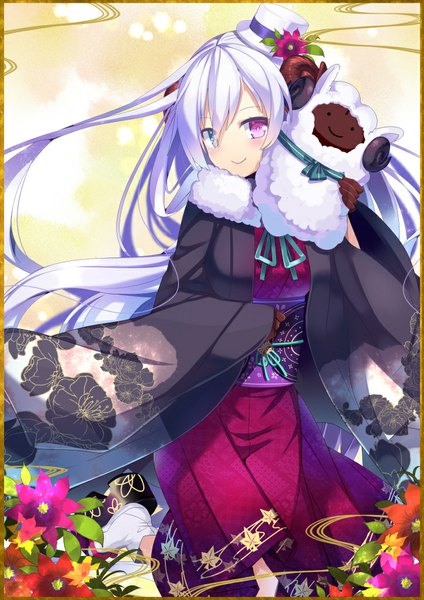 Anime picture 723x1023 with original nyori single long hair tall image looking at viewer blush smile white hair traditional clothes japanese clothes heterochromia girl flower (flowers) hat kimono mini hat mini top hat fur-trimmed kimono