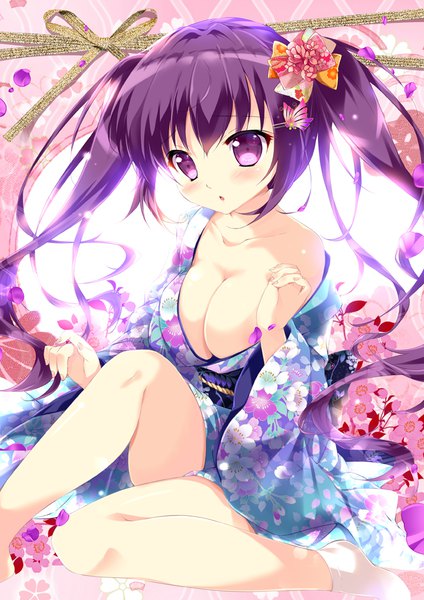Anime picture 707x1000 with gochuumon wa usagi desu ka? white fox tedeza rize mikeou single long hair tall image blush breasts light erotic purple eyes twintails cleavage purple hair traditional clothes japanese clothes girl hair ornament flower (flowers) petals