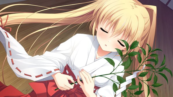 Anime picture 1920x1080 with imouto no okage de mote sugite yabai asasaka meguri ikegami akane long hair blush highres open mouth blonde hair wide image twintails game cg eyes closed traditional clothes miko girl branch