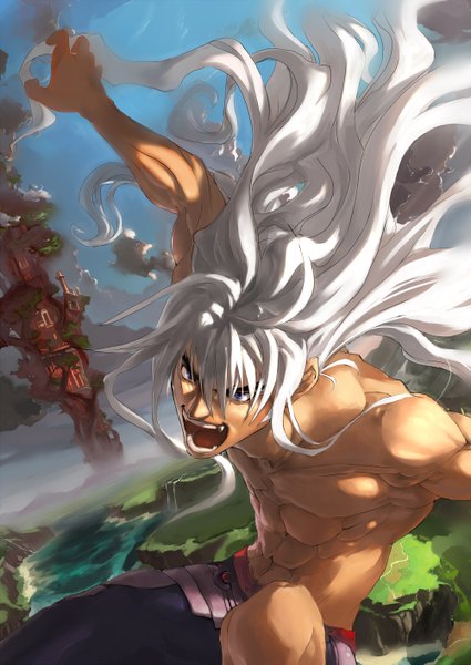 Anime picture 1000x1412 with bastard!! dark schneider single long hair tall image open mouth blue eyes sky cloud (clouds) white hair nude spread arms muscle panorama boy plant (plants) tree (trees) tower