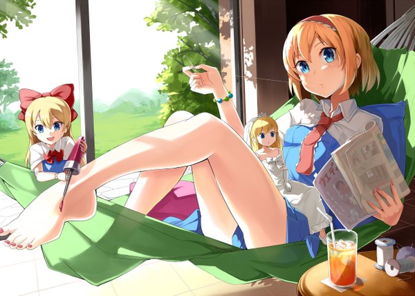 Anime picture 1273x909 with touhou alice margatroid shanghai emerane long hair looking at viewer blush short hair blue eyes blonde hair sitting multiple girls nail polish barefoot bare legs wedding doll joints girl dress bow