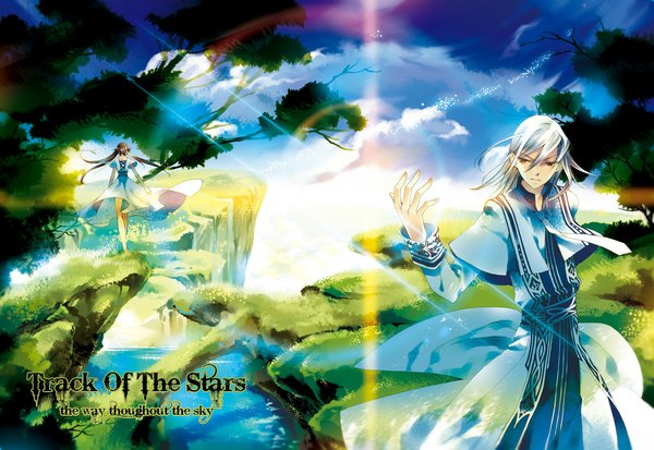 Anime picture 1186x818 with original hasaki (pixiv) long hair brown hair sky silver hair cloud (clouds) barefoot sunlight orange eyes back rock girl dress boy plant (plants) tree (trees) water necktie