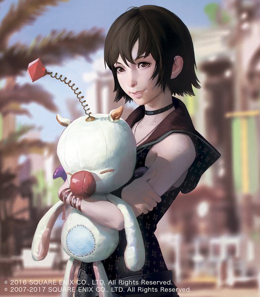 Anime picture 1080x1234 with final fantasy final fantasy xv lord of vermilion square enix moogle iris amicitia ilya kuvshinov single tall image looking at viewer fringe short hair black hair hair between eyes brown eyes parted lips blurry official art sleeveless hug