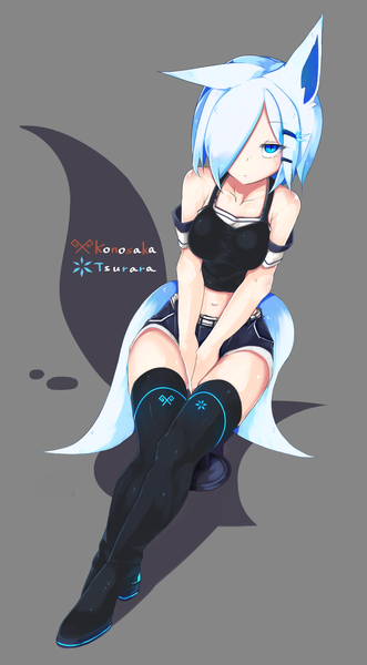 Anime picture 921x1669 with original korigitsune single tall image looking at viewer fringe short hair breasts blue eyes simple background large breasts sitting bare shoulders animal ears blue hair tail animal tail multicolored hair from above hair over one eye