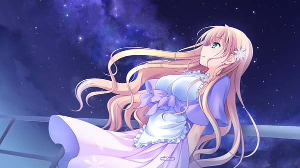 Anime picture 1280x720 with astraythem ginta long hair blonde hair wide image green eyes game cg night night sky girl dress