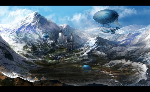 Anime picture 1680x1040 with anndr (artist) wide image signed sky cloud (clouds) city letterboxed winter snow mountain no people landscape building (buildings) castle aircraft airship dirigible
