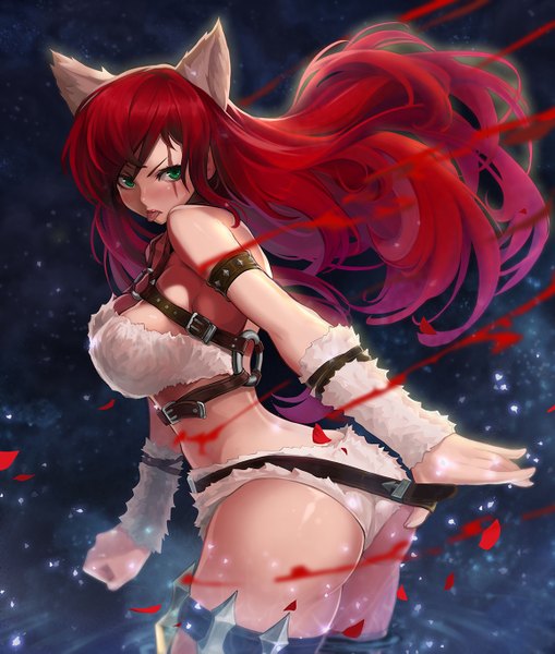 Anime picture 1158x1363 with league of legends katarina (league of legends) goomrrat single long hair tall image looking at viewer blush breasts light erotic red eyes large breasts standing bare shoulders green eyes animal ears ass red hair cat ears cat girl