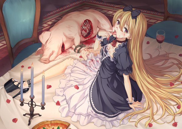 Anime picture 1500x1066 with original tenkuu nozora blush open mouth blonde hair yellow eyes very long hair blood on face guro girl bow hair bow animal petals tongue blood table candle (candles) wine glass pig
