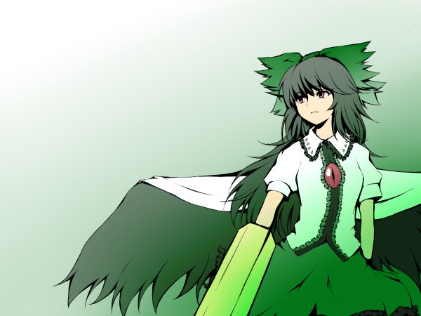 Anime picture 1200x900 with touhou reiuji utsuho misopanne long hair fringe black hair white background looking away black eyes gradient background green background arm cannon girl skirt bow hair bow frills large bow green skirt