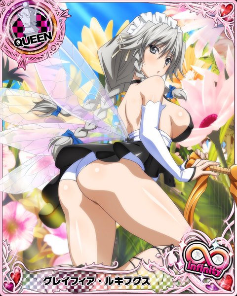 Anime picture 640x800 with highschool dxd grayfia lucifuge single long hair tall image blush breasts light erotic ass braid (braids) looking back grey hair grey eyes card (medium) girl flower (flowers) bow hair bow detached sleeves wings