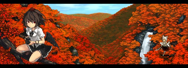 Anime picture 2480x900 with touhou shameimaru aya inubashiri momiji kitsune (kazenouta) looking at viewer fringe highres short hair smile red eyes brown hair wide image multiple girls animal ears white hair hair over one eye squat mountain landscape wolf ears