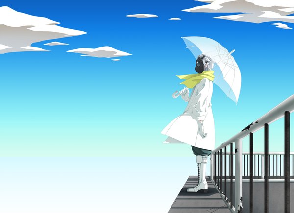 Anime picture 3242x2355 with dramatical murder nitro+chiral clear (dmmd) single highres short hair absurdres sky silver hair cloud (clouds) wind boy gloves scarf umbrella gas mask