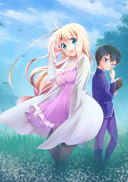 Anime picture 1748x2480 with original nekopan (wakasagi37072) single long hair tall image looking at viewer highres short hair open mouth blue eyes black hair blonde hair girl dress boy glasses leaf (leaves)