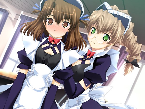 Anime picture 1200x900 with mp - maid promotion master blush brown hair multiple girls brown eyes green eyes game cg maid girl 2 girls glasses