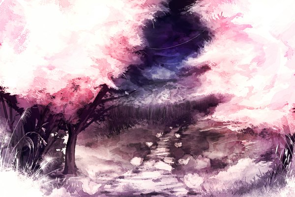 Anime picture 1150x772 with original iori (yakata-bako) landscape field flower (flowers) plant (plants) tree (trees) road path