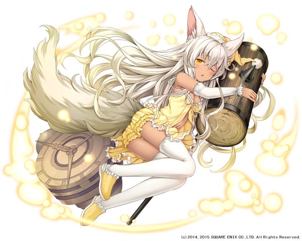 Anime picture 2000x1600 with million arthur (series) kai-ri-sei million arthur square enix bisclavret namaru (summer dandy) single long hair looking at viewer blush highres open mouth light erotic simple background white background animal ears yellow eyes white hair tail animal tail one eye closed