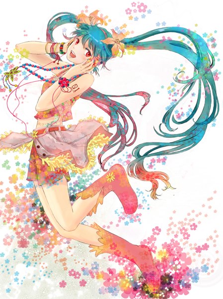 Anime picture 1298x1733 with vocaloid hatsune miku single long hair tall image open mouth red eyes twintails hair flower aqua hair jumping girl hair ornament boots headphones wire (wires)