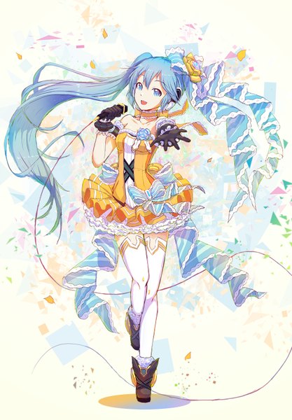 Anime picture 1044x1500 with project diva f 2nd vocaloid hatsune miku lengchan (fu626878068) single long hair tall image looking at viewer open mouth blue eyes standing bare shoulders blue hair full body zettai ryouiki side ponytail standing on one leg alternate hairstyle leg lift (legs lift) outstretched hand