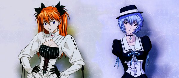 Anime picture 2400x1050 with neon genesis evangelion gainax soryu asuka langley ayanami rei fukano youichi long hair looking at viewer highres short hair blue eyes red eyes wide image twintails multiple girls blue hair orange hair hand on hip third-party edit hands on hips gothic