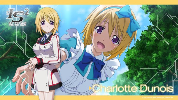 Anime picture 1920x1080 with infinite stratos 8bit charles dunois horii kumi (artist) looking at viewer blush fringe highres short hair breasts open mouth blonde hair smile wide image purple eyes wallpaper copyright name character names multiview girl