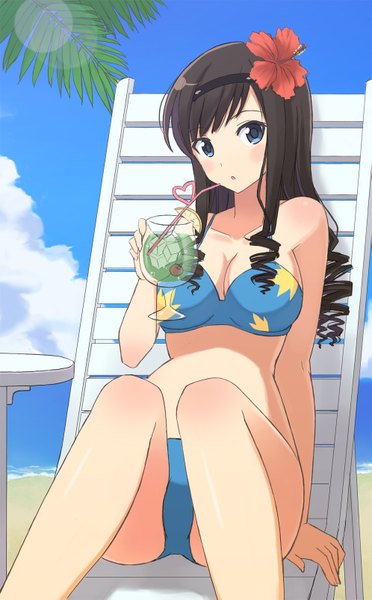 Anime picture 995x1605 with amagami morishima haruka nishikawa ari single long hair tall image fringe breasts open mouth blue eyes light erotic black hair sitting holding looking away cloud (clouds) hair flower beach lens flare drill hair