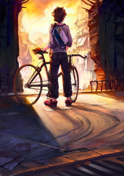 Anime picture 1024x1449 with original asuka111 single tall image short hair brown hair sky cloud (clouds) from behind city boy gloves boots building (buildings) pants bag ground vehicle bicycle