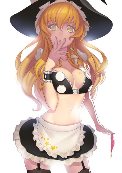Anime picture 1075x1520 with touhou kirisame marisa fiodo single long hair tall image looking at viewer breasts light erotic simple background blonde hair white background yellow eyes girl thighhighs skirt black thighhighs miniskirt witch hat skirt set