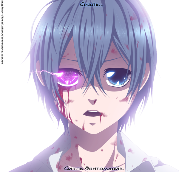 Anime picture 1000x963 with kuroshitsuji a-1 pictures ciel phantomhive aagito single short hair open mouth blue eyes white background blue hair pink eyes inscription heterochromia coloring glowing portrait face glowing eye (eyes) boy shirt