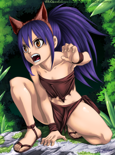 Anime picture 821x1100 with fairy tail wendy marvell bl4ckburn single long hair tall image breasts open mouth bare shoulders brown eyes animal ears purple hair ponytail cat ears coloring flat chest angry girl plant (plants) wristlet