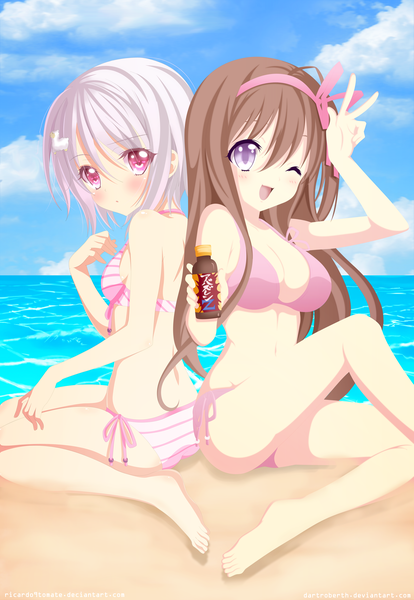 Anime picture 4083x5915 with noucome yuuouji ouka yukihira furano ric9duran tall image blush highres open mouth light erotic smile brown hair multiple girls pink hair absurdres sky cloud (clouds) one eye closed pink eyes wink :o