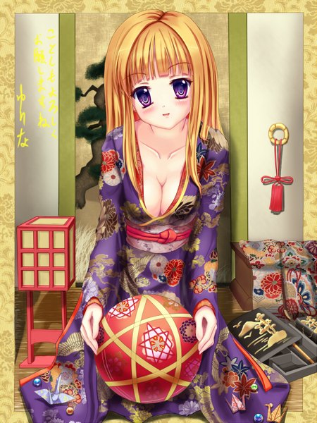 Anime picture 1125x1500 with original yurina (artist) long hair tall image blush breasts light erotic blonde hair purple eyes japanese clothes girl kimono obi ball