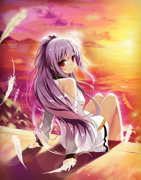 Anime picture 764x979 with plastic memories isla (plastic memories) kamikoto single long hair tall image looking at viewer blush fringe breasts smile red eyes sky purple hair cloud (clouds) sunlight arm support shadow evening sunset